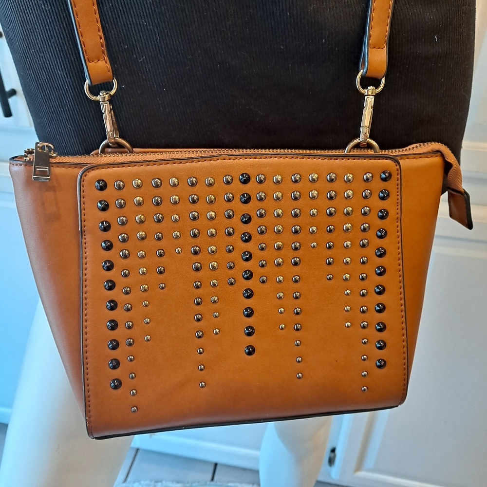 B - Elegant Studded Brown Crossbody Bag